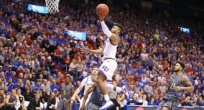 Kansas guard Frank Mason III (0) pulls up for a layup against Emporia State during the first half, Sunday, Nov. 6, 2016 at Allen Fieldhouse.
