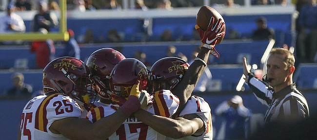 Iowa State cornerback Jomal Wiltz (17) celebrates with teammates after a late interception to seal the Cyclones 31-24 win over KU Saturday, Nov. 12 at Memorial Stadium. 