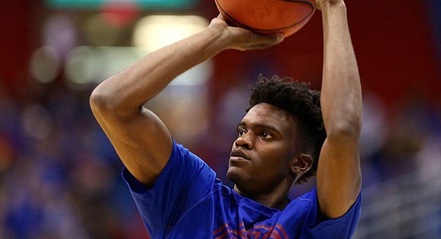Kansas sophomore guard Lagerald Vick puts up a jumper prior to Tuesday's game against Long Beach State at Allen Fieldhouse. 