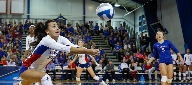 Kansas setter Ainise Havili runs down a ball during the Jayhawks' five-set loss to Creighton in the second round of the NCAA Tournament on Friday, Dec. 2, at Horejsi Family Athletics Center. 