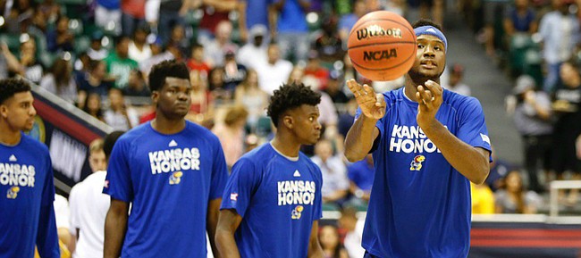 Carlton Bragg and the Kansas Jayhawks warm up prior to their Nov. 11, 2016, meeting with Indiana, in Honolulu, Hawaii. 