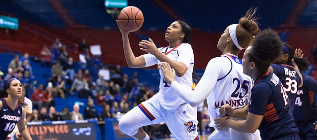 Kansas' Jada Brown goes up for the layup during the Jayhawks' 75-51 victory over Arizona on Saturday, Dec. 17, 2016, in Allen Fieldhouse.