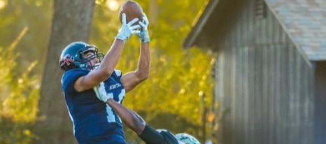 Receiver Kerr Johnson, who signed with Kansas football in December of 2016, rises up to make a catch for Santa Rosa Junior College.
