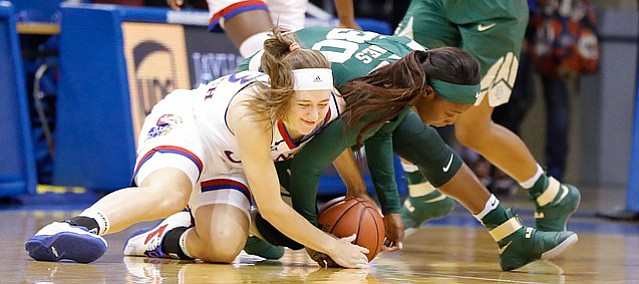 Kansas guard Kylee Kopatich (33) scrambles for a loose ball with Baylor guard Alexis Jones (30) in an NCAA college basketball game Sunday, Jan. 15, 2017, in Lawrence, Kan.