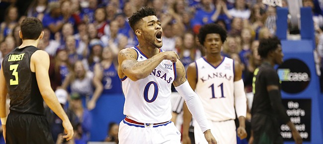Kansas guard Frank Mason III (0) beats his chest during a Jayhawk run against Baylor in the second half, Wednesday, Feb. 1, 2017 at Allen Fieldhouse.