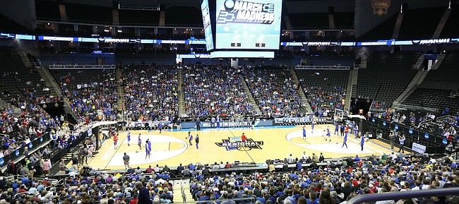 A sizable crowd attended the Jayhawks' open practice on Wednesday, March 22, 2017, at Sprint Center in Kansas City, Mo.