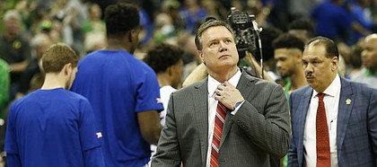 Kansas head coach Bill Self adjusts his tie as he leaves the court following the Jayhawks' 74-60 loss to Oregon on Saturday, March 25, 2017 at Sprint Center.
