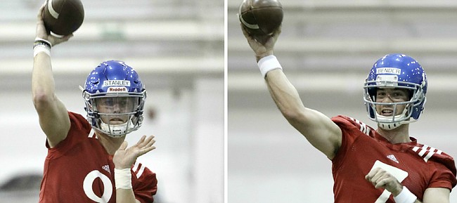 The competition this spring for the starting quarterback job at Kansas is tight. So much so that head coach David Beaty rarely sings the praises of either Carter Stanley (No. 9) or Peyton Bender (No. 7) on their own, without mentioning the other.