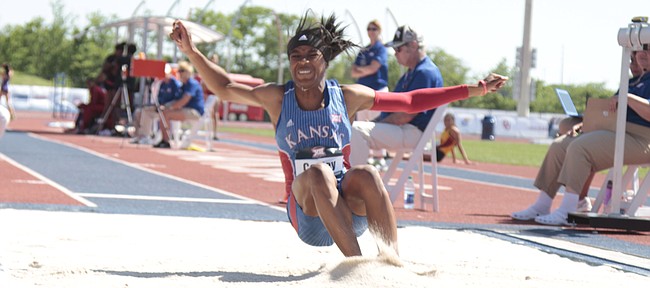 Kansas senior Sydney Conley competes in the women's long jump at the Big 12 track and field championships on Saturday at Rock Chalk Park. Conley won the event with a jump of 22 feet, 2.25 inches — which she recorded on her first attempt.