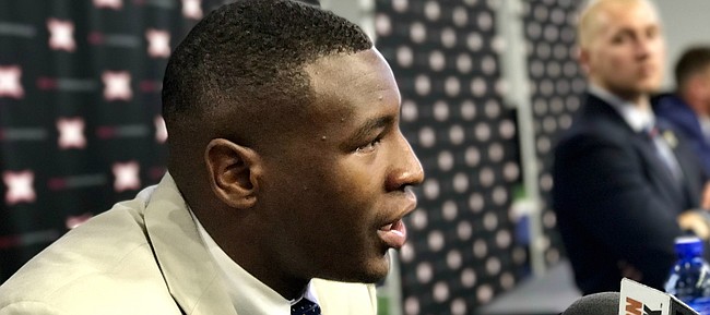 The Big 12's preseason Defensive Player of the Year, Kansas junior defensive end Dorance Armstrong Jr. answers questions at the Big 12 Media Days, in Frisco, Texas, on July 17, 2017.
