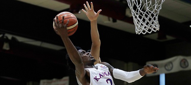 Kansas guard Lagerald Vick drives hard to the rim during a basketball match between Kansas University and an Italian selection of players, in Seregno, near Milan, Italy, Saturday, Aug. 5, 2017. 