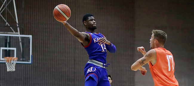 Kansas guard Malik Newman looks to pass in an exhibition game between KU and Italy All Star A2, in Seregno, near Milan, Italy, Sunday, Aug. 6, 2017.