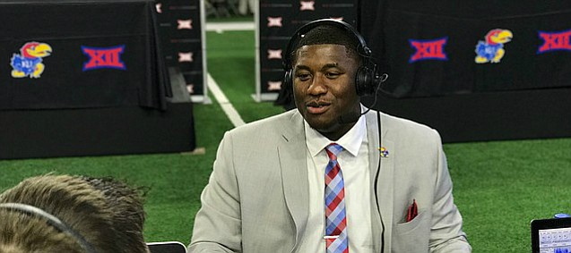 Kansas junior defensive tackle Daniel Wise answers questions during a radio interview at Big 12 Media Days, in Frisco, Texas, on July 17, 2017.
