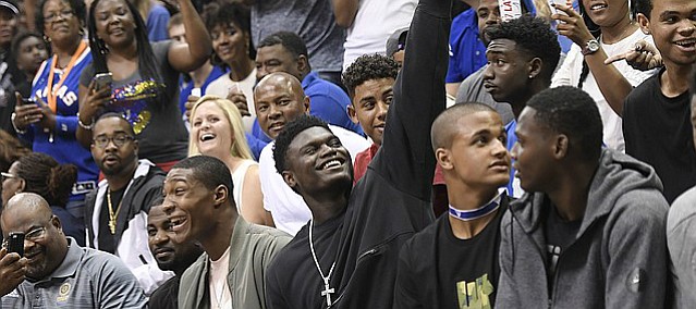 Kansas basketball recruit Zion Williamson waves to the crowd after they started chanting his name during the 33rd-annual Late Night in the Phog on Saturday, Sept. 30, 2017 at Allen Fieldhouse. 