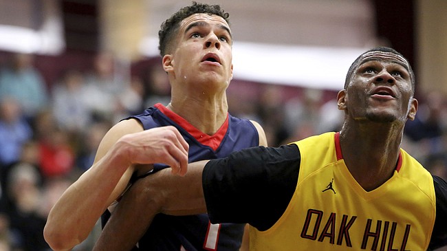 Nathan Hale's Michael Porter Jr. (1) battles for position against Oak Hill Academy's Billy Preston (23) during a high school basketball game at the 2017 Hoophall Classic on Monday, January 16, 2017, in Springfield, MA. The friends and current Mizzou and KU players, respectively, will meet on the court Sunday, Oct. 22, 2017, for the Showdown For Relief scrimmage between the teams at Sprint Center.