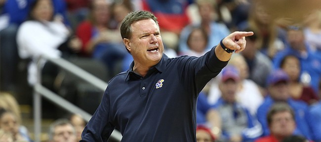 Kansas head coach Bill Self gets at his players during the second half of the Showdown for Relief exhibition, Sunday, Oct. 22, 2017 at Sprint Center in Kansas City, Missouri.
