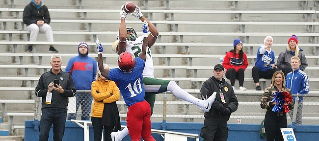 Baylor tight end Ishmail Wainright (24) catches a touchdown pass over Kansas cornerback Kyle Mayberry (16) during the fourth quarter on Saturday, Sept. 4, 2017 at Memorial Stadium.
