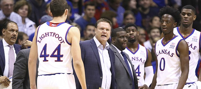 Kansas head coach Bill Self chews into his players during a timeout in the first half, Tuesday, Nov. 7, 2017 at Allen Fieldhouse.