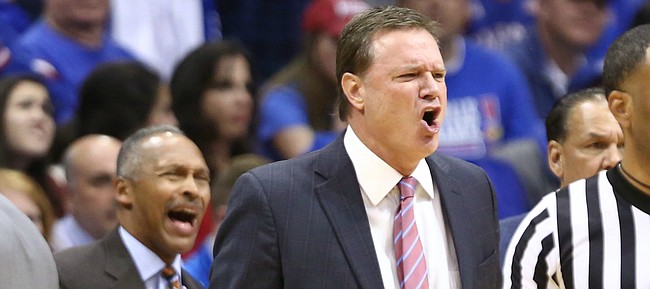 Kansas head coach Bill Self has words for a game official after a foul called against the Jayhawks during the first half on Friday, Nov. 10, 2017 at Allen Fieldhouse.