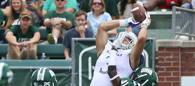 Kansas wide receiver Chase Harrell (3) gets up for a touchdown catch over Ohio cornerback Ilyaas Motley (41) during the second quarter on Saturday, Sept. 16, 2017 at Peden Stadium in Athens, Ohio.