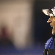 Kansas head coach David Beaty yells at a player during the third quarter on Saturday, Nov. 18, 2017 at Memorial Stadium.