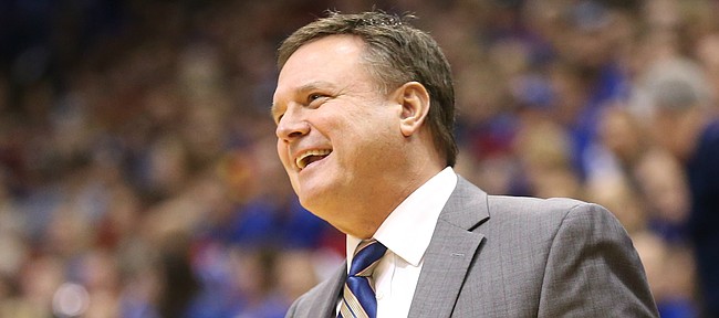 Kansas head coach Bill Self has a laugh with an official during the second half, Tuesday, Nov. 21, 2017 at Allen Fieldhouse.