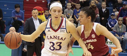 Kansas junior guard Kylee Kopatich looks to dribble past Arkansas guard Jailyn Mason in the second half of the Jayhawks' 71-60 win over the Razorbacks on Sunday during the Big 12/SEC Challenge at Allen Fieldhouse. Kopatich scored 18 of her career-high 26 points in the second half.