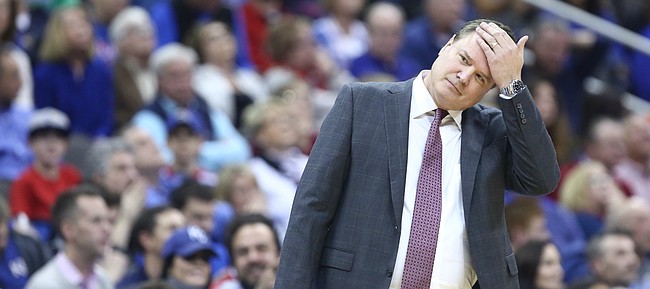 Kansas head coach Bill Self reacts after the Jayhawks were called for a foul during the second half, Wednesday, Dec. 6, 2017 at Sprint Center.