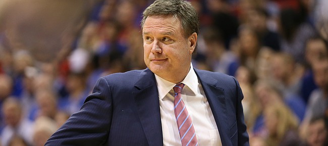 Kansas head coach Bill Self casts a look at his players during the second half on Friday, Nov. 24, 2017 at Allen Fieldhouse.