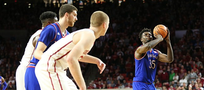 Kansas center Udoka Azubuike (35) puts up a free throw late during the second half at Lloyd Noble Center on Tuesday, Jan. 23, 2018 in Norman, Oklahoma.
