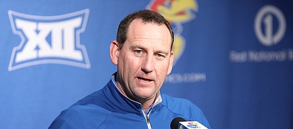 Kansas head football coach David Beaty talks about his recruits during his National Signing Day press conference on Wednesday, Feb. 7, 2018 at the Anderson Family Football Complex.