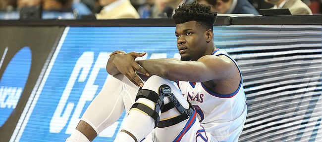 Kansas center Udoka Azubuike (35) waits to check into the game during the first half, Thursday, March 15, 2018 at Intrust Bank Arena in Wichita, Kan.