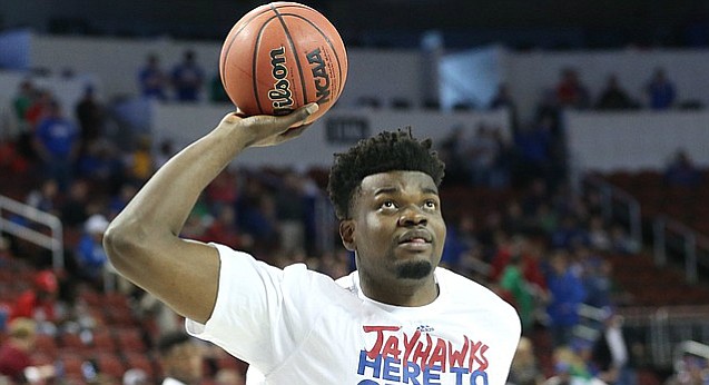 Kansas sophomore Udoka Azubuike prepares to shoot a layup in pregame warmups Saturday before KU's game against Seton Hall in the second round of the NCAA Tournament at Intrust Bank Arena.