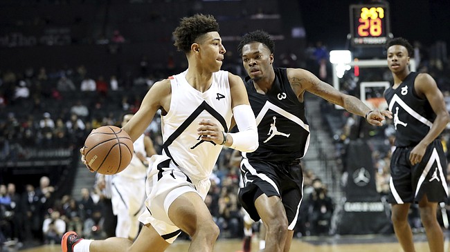 Kansas commit Quentin Grimes (4) in action during the Jordan Brand Classic high school basketball game, Sunday, April 8, 2018, in Brooklyn, N.Y. Grimes' team won the game. 