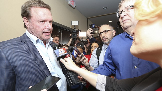 Kansas head coach Bill Self takes questions from media members about recent updates involving Kansas in the college basketball bribery case following Kansas basketball banquet on Tuesday, April 10, 2018 at the DoubleTree Hotel in Lawrence.