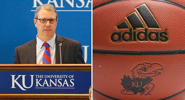 University of Kansas Chancellor Douglas Girod and a KU-branded adidas basketball are pictured in Journal-World file photos.