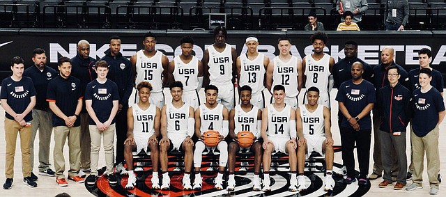 This year's participants at the Nike Hoop Summit in Portland. KU signees Quentin Grimes (6) and David McCormack (15) played in Friday's showcase scrimmage, while KU target Romeo Langford (11) was held out because of injury. 