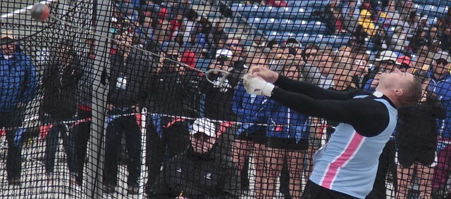Kansas sophomore Gleb Dudarev releases the hammer during the men's hammer throw competition on Friday at the Kansas Relays at Rock Chalk Park. Dudarev's throw of 256 feet (78.04 meters) broke a 35-year-old Kansas Relays record and was the top throw in school history. The throw of 256 feet was the fifth best throw in the world his year.