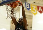N'Faly Dante, No. 4-ranked prospect by Rivals in Class of 2020, dunks during showcase game Saturday night at KC Classic at Sports Pavilion Lawrence. (Photo by Darryl Woods/810 Varsity).