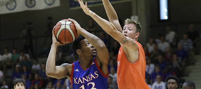 Kansas wing K.J. Lawson looks to make a post move in an exhibition game between KU and Italy All Star A2, in Seregno, near Milan, Italy, Sunday, Aug. 6, 2017. 