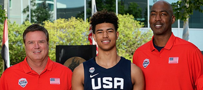 The U18 USA Basketball men's national team has a distinct KU flavor to it this year. Shown here, from left to right, are KU & Team USA trainer Bill Cowgill, KU & Team USA coach Bill Self, KU freshman Quentin Grimes, former KU standout and current Team USA assistant coach Danny Manning and current KU & Team USA video director Jeremy Case. (Photo courtesy Bart Young/USA Basketball)