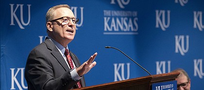 New University of Kansas athletic director Jeff Long addresses those gathered for his introductory news conference on Wednesday, July 11, 2018, at the Lied Center Pavilion.
