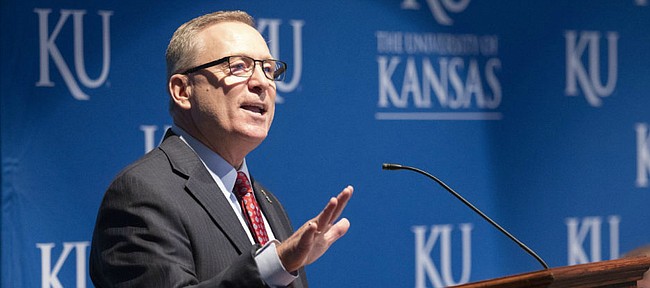 New University of Kansas athletic director Jeff Long addresses those gathered for his introductory news conference on Wednesday, July 11, 2018 at the Lied Center Pavilion.