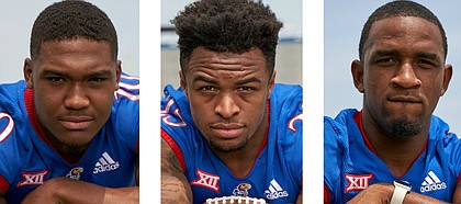 Headed into the 2018 season opener, three Kansas running backs are in contention to start, and all three figure to be a big part of the Jayhawks' game plan this fall. Pictured, from left, are junior Khalil Herbert, sophomore Dom Williams and freshman Pooka Williams.