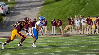 Kansas running back Pooka Williams Jr. (1) runs down the field while playing against Central Michigan University on Saturday, Sept. 8, 2017 at Kelly/Shorts Stadium in Mount Pleasant, Mich.