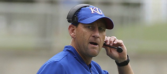 Kansas head coach David Beaty looks over to an official during the first half of an NCAA college football game against Baylor, Saturday, Sept. 22, 2018, in Waco, Texas.