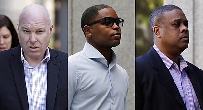 From left, former Adidas executive James Gatto, former sports agent Christian Dawkins and former amateur basketball league director Merl Code arrive at federal court in New York in these photos from October 2018.    (AP Photo/Mark Lennihan)