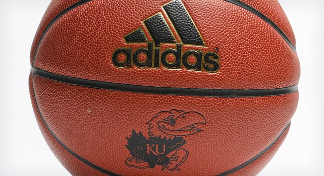 A University of Kansas-branded Adidas basketball is pictured in March 2018.
