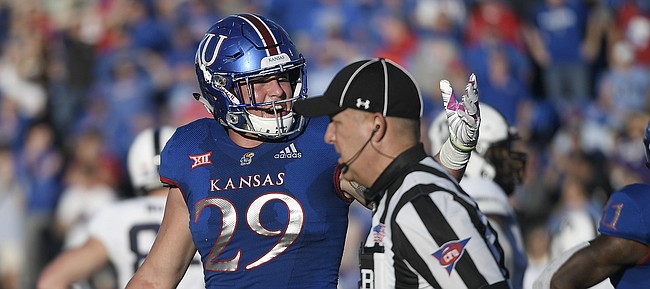 Kansas linebacker Joe Dineen Jr. calls out to the ref after pleading for a fumble call late in the game versus TCU, on Oct. 27, 2018.