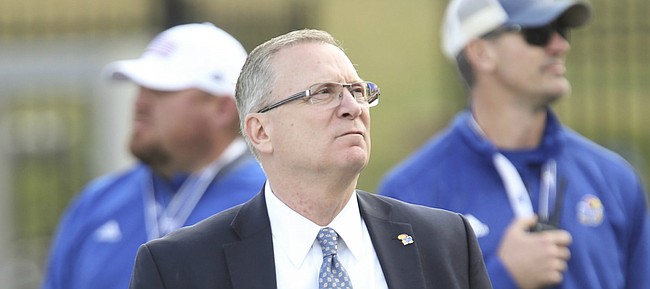 Kansas athletic director Jeff Long looks up into the stands late in the fourth quarter of the Jayhawks' 27-3 loss to Iowa State, Saturday, Nov. 3, 2018 at Memorial Stadium.